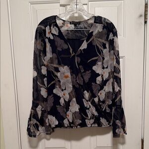 INC International Concepts Navy Floral Wrap-Front Blouse